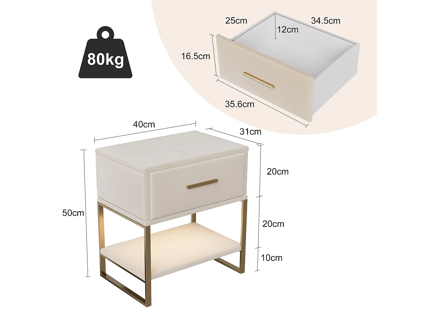 Lot de 2 tables de chevet avec LED - avec 1 tiroir - pour salon, chambre à coucher - velours + beige