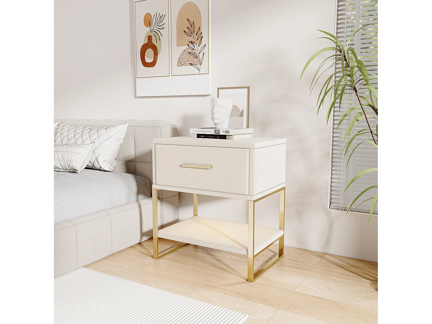 Lot de 2 tables de chevet avec LED - avec 1 tiroir - pour salon, chambre à coucher - velours + beige