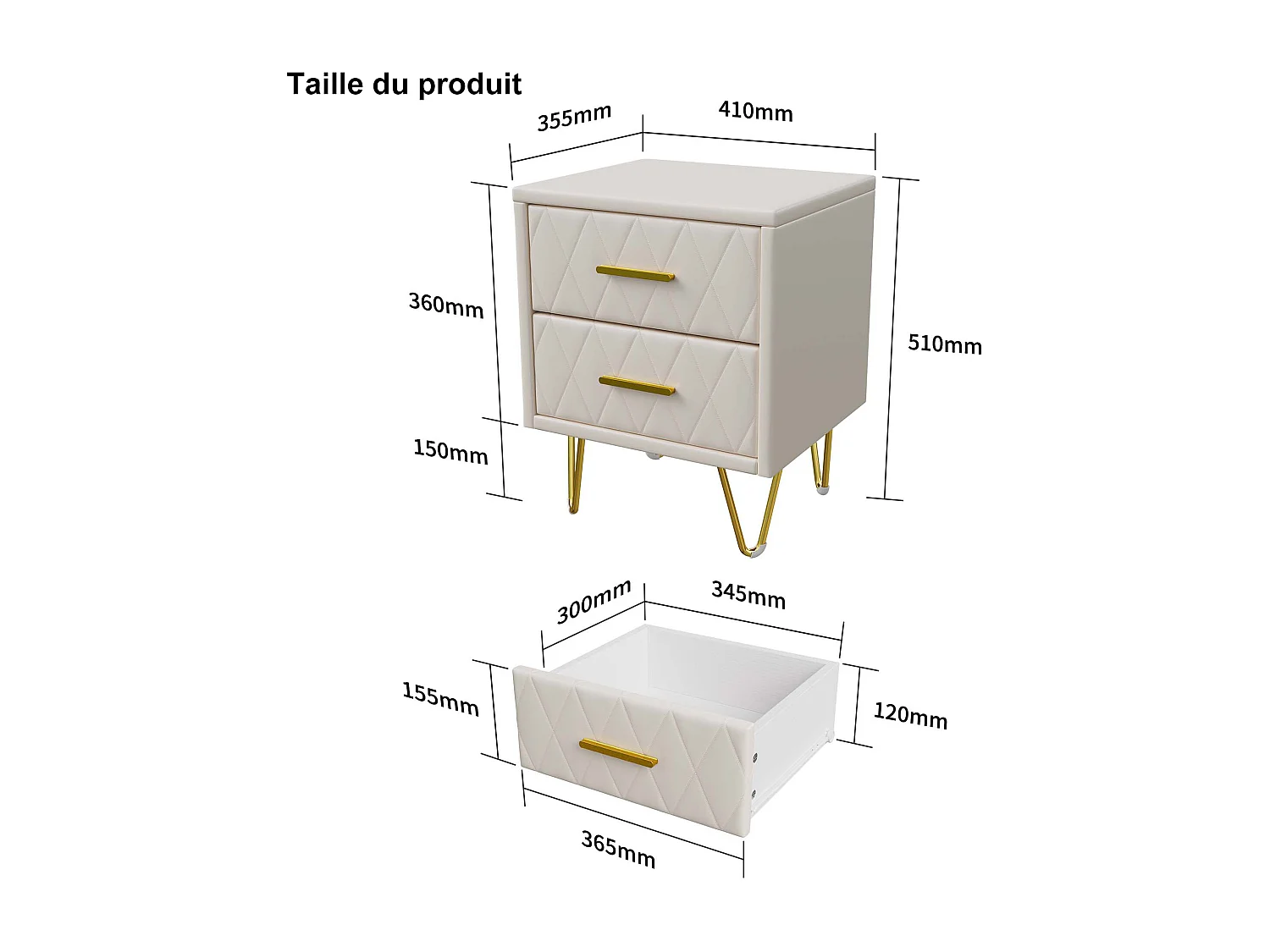 2-delige moderne nachtkastjeset van PU-leer met 2 lades en gouden metalen poten, 41x35,5x51 cm, beige