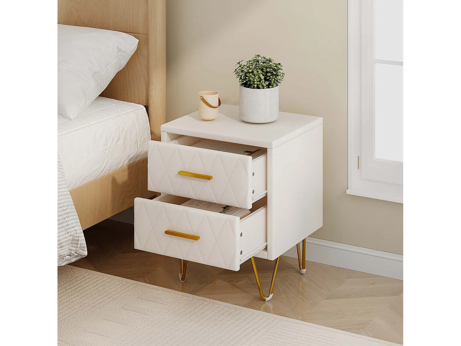 2-delige moderne nachtkastjeset van PU-leer met 2 lades en gouden metalen poten, 41x35,5x51 cm, beige