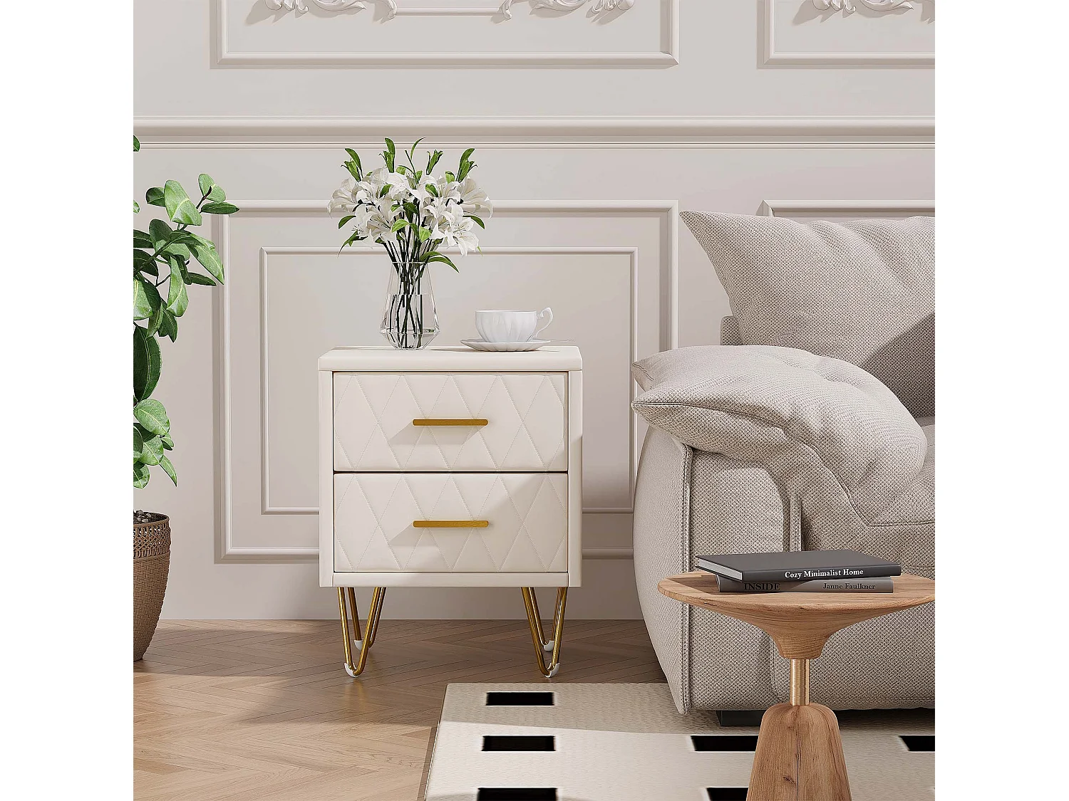2 pcs Commode de Chevet Moderne en PU, avec 2 Tiroirs et Pieds Métalliques Dorés, 41x35.5x51cm, Beig