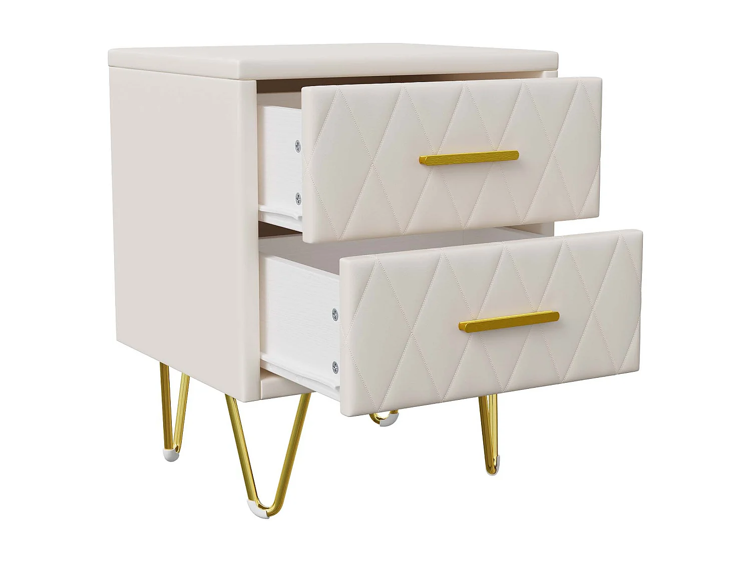 2 pcs Commode de Chevet Moderne en PU, avec 2 Tiroirs et Pieds Métalliques Dorés, 41x35.5x51cm, Beig