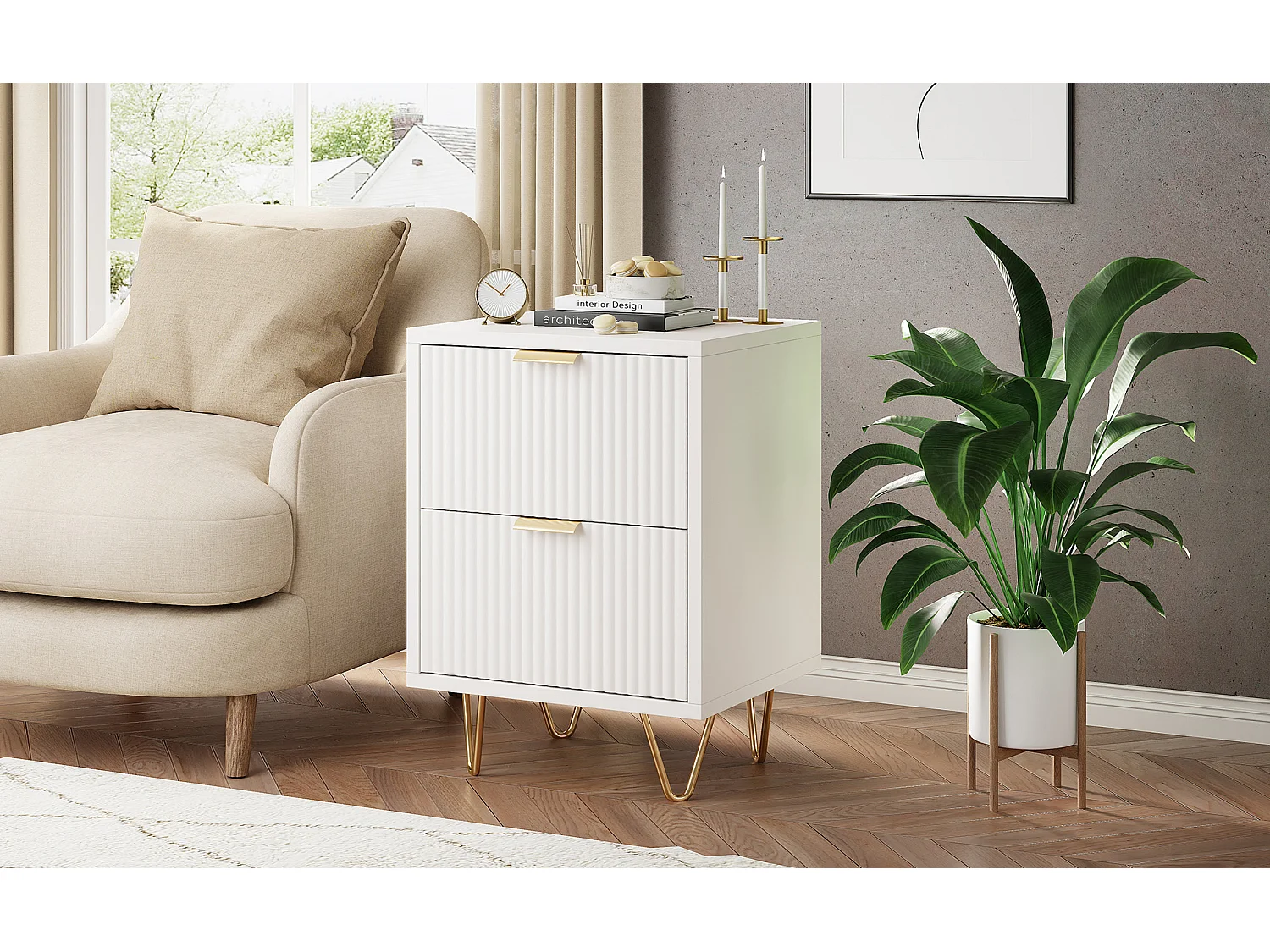 Lot de 2 Tables de Chevet Blanc, Tables de Nuit avec 2 Tiroirs, pour Chambre, Salon, 49x 29 x 47 cm