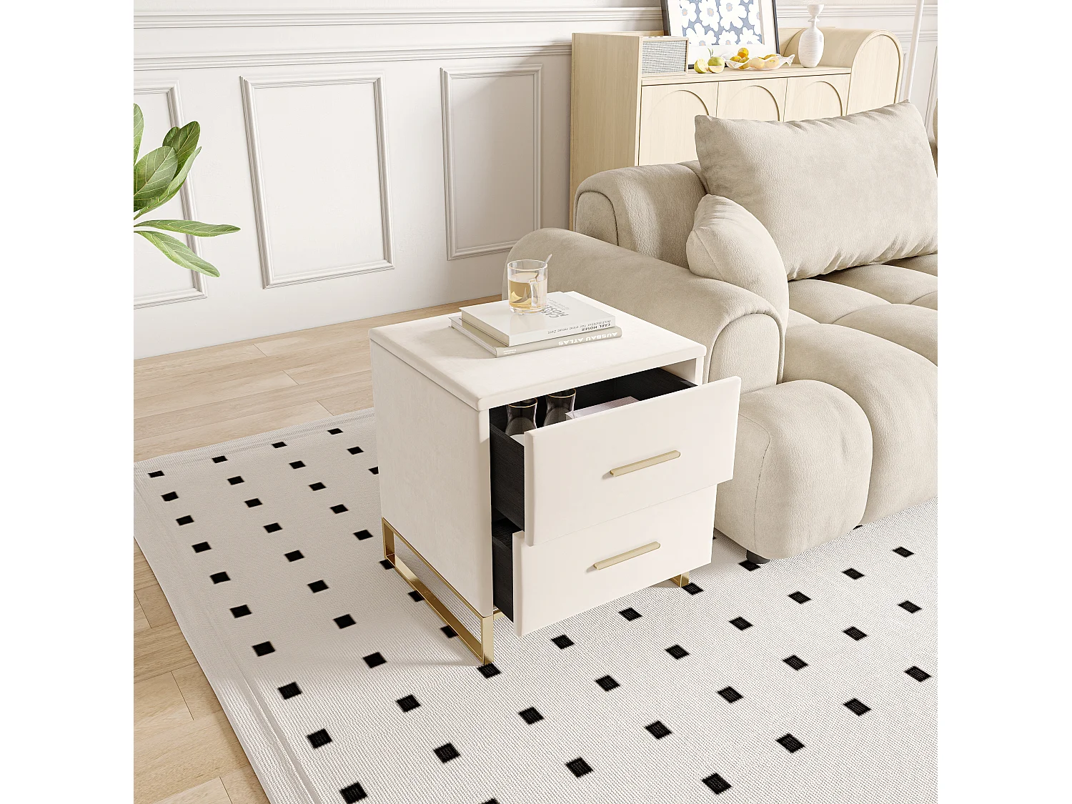 Nachtkastje met 2 lades - Set van 2 - voor woonkamer, slaapkamer, fluweel, beige