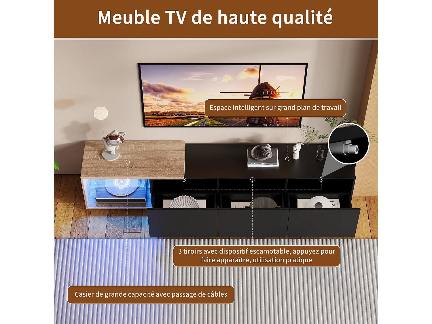 Meuble TV Noir avec LED Intégré, Armoire de Télévision, pour Salon et Chambre, 240 x 38 x 44cm, Noir