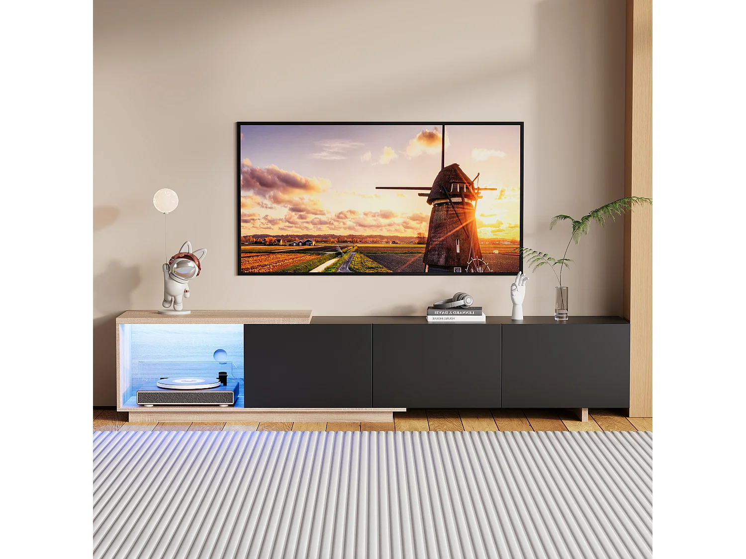 Meuble TV Noir avec LED Intégré, Armoire de Télévision, pour Salon et Chambre, 240 x 38 x 44cm, Noir