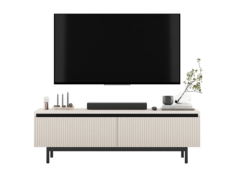 Meuble TV avec 2 portes - Corps Cachemire mat, façades rainurées Cachemire mat - Cadre en métal noir, 140 cm