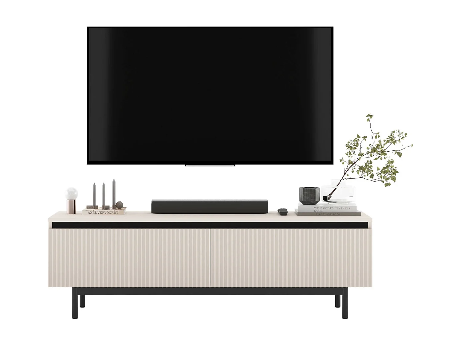 Meuble TV avec 2 portes - Corps Cachemire mat, façades rainurées Cachemire mat - Cadre en métal noir, 140 cm