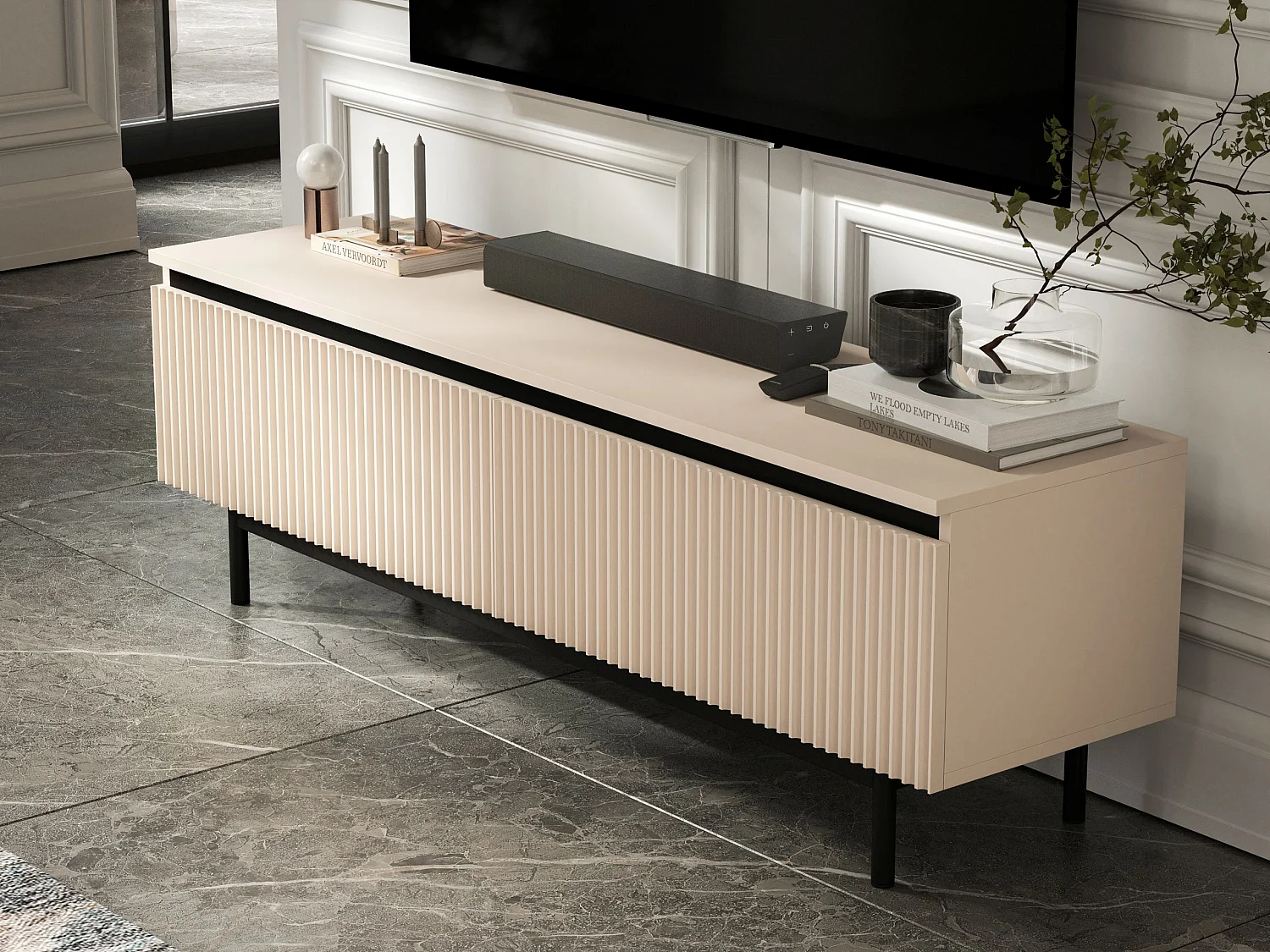 Meuble TV avec 2 portes - Corps Cachemire mat, façades rainurées Cachemire mat - Cadre en métal noir, 140 cm