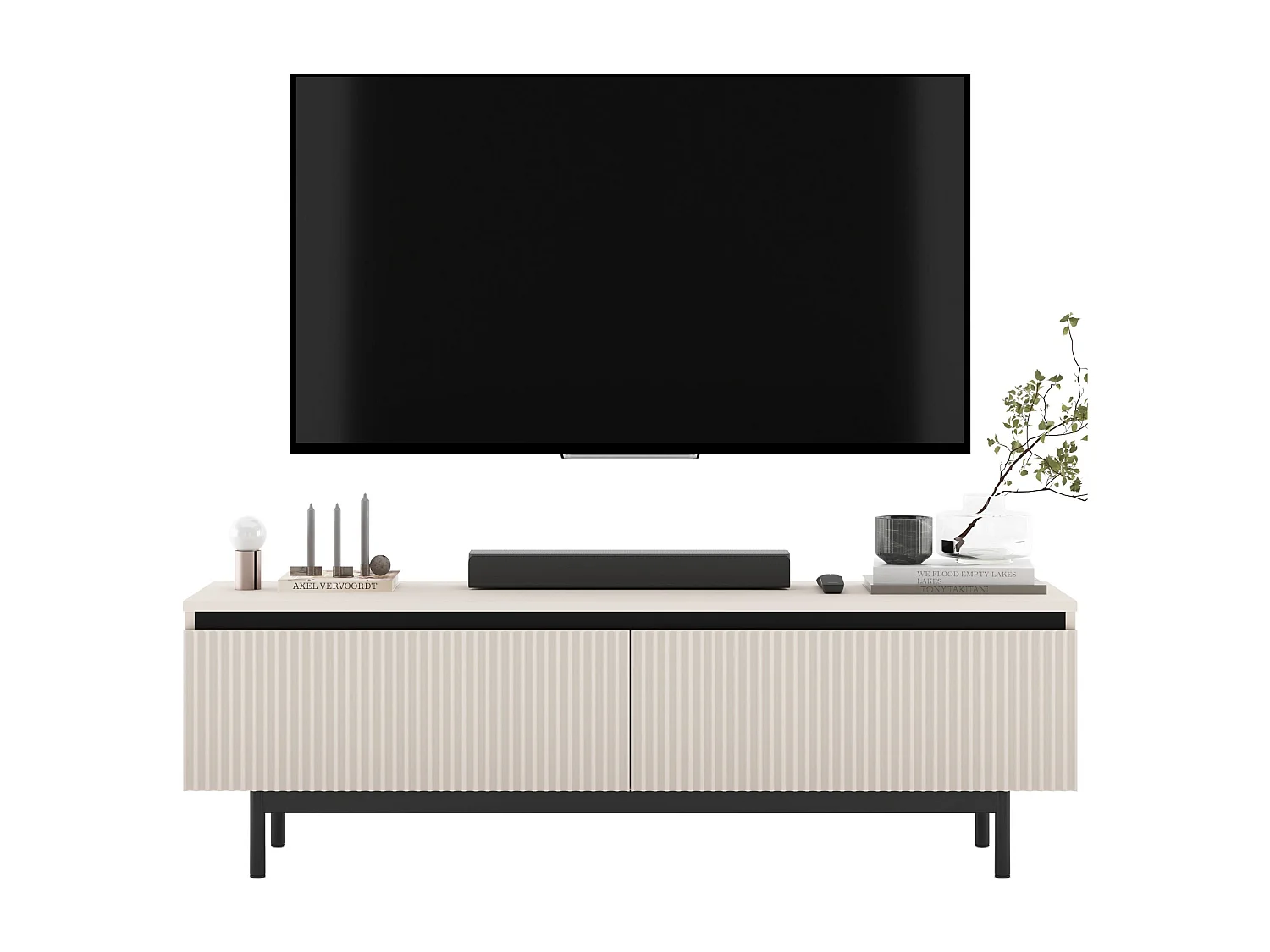 Meuble TV avec 2 portes - Corps Cachemire mat, façades rainurées Cachemire mat - Cadre en métal noir, 140 cm