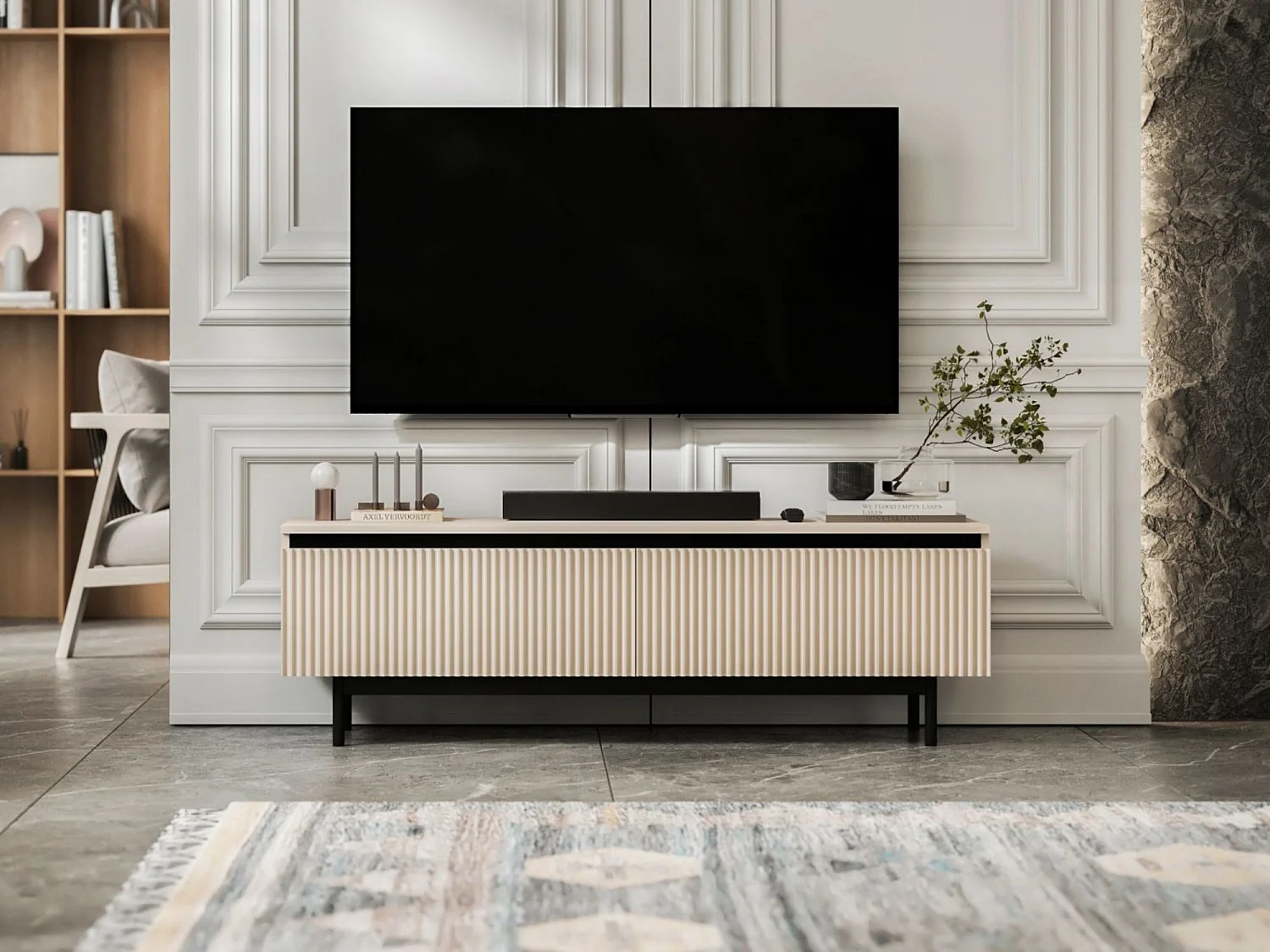 Meuble TV avec 2 portes - Corps Cachemire mat, façades rainurées Cachemire mat - Cadre en métal noir, 140 cm