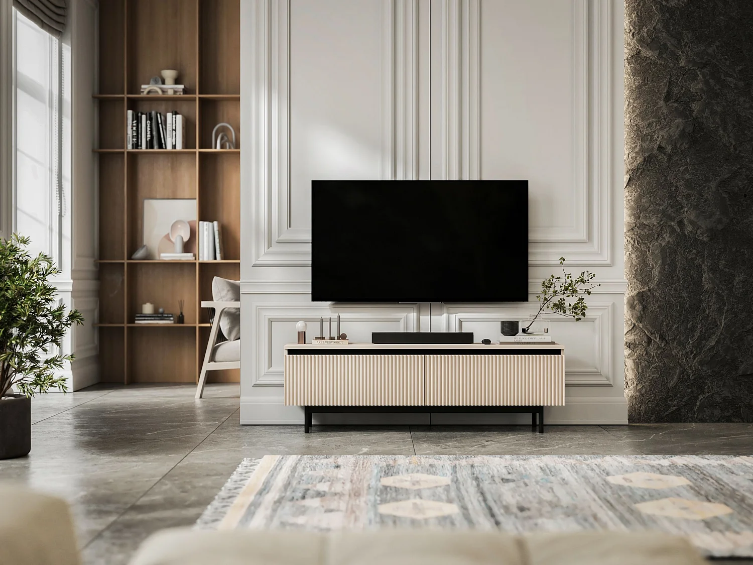 Meuble TV avec 2 portes - Corps Cachemire mat, façades rainurées Cachemire mat - Cadre en métal noir, 140 cm