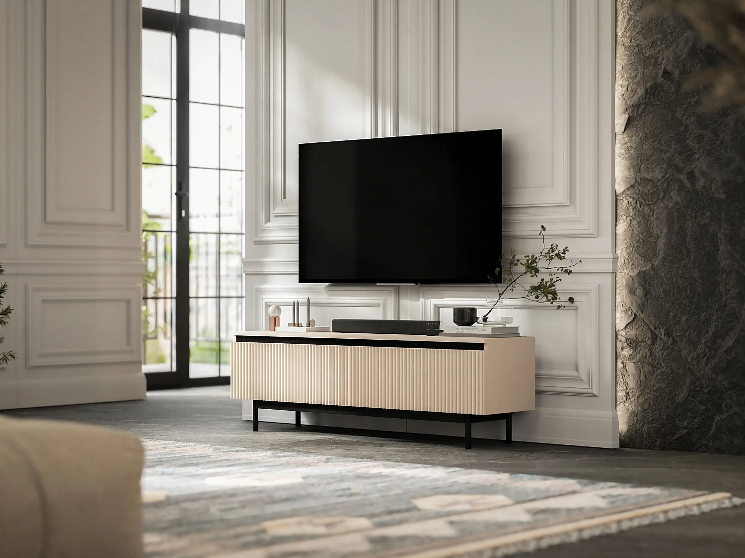 Meuble TV avec 2 portes - Corps Cachemire mat, façades rainurées Cachemire mat - Cadre en métal noir, 140 cm