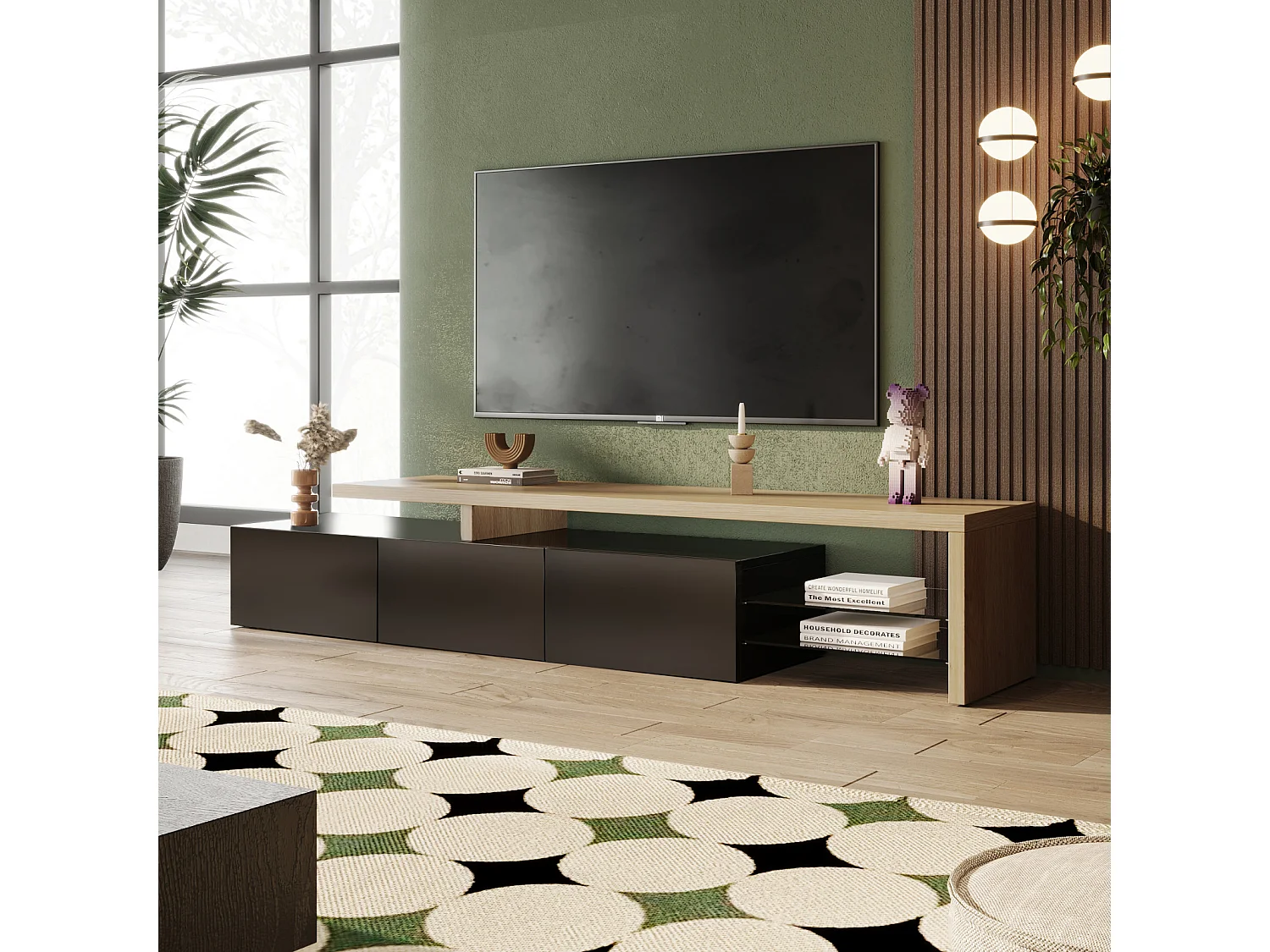 Meuble TV 200 cm avec LED, 3 Portes et Étagères en Verre, Moderne Meuble Banc Tele Bas, Bois & Noir