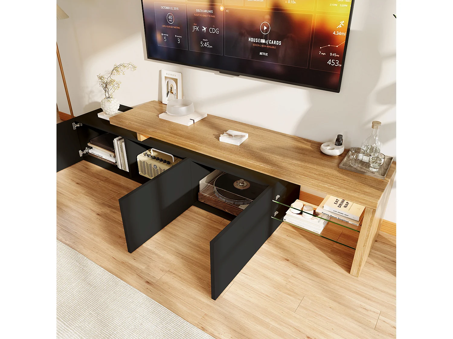 Meuble TV 200 cm avec LED, 3 Portes et Étagères en Verre, Moderne Meuble Banc Tele Bas, Bois & Noir
