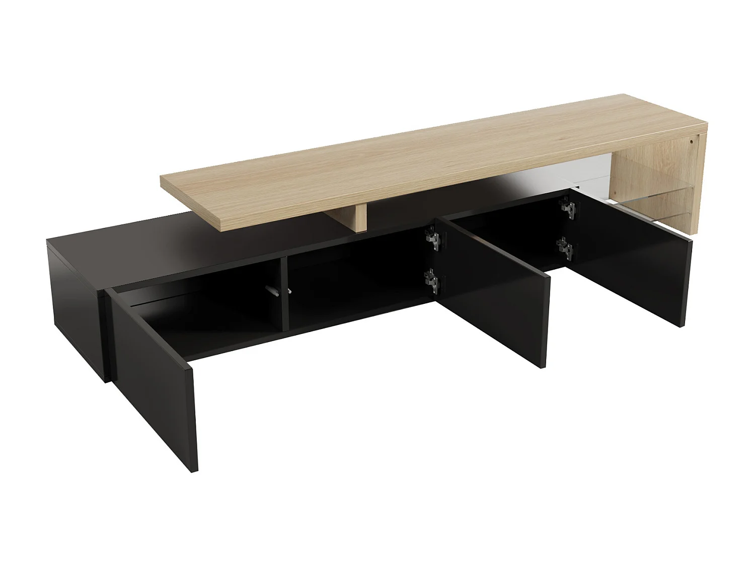 Meuble TV 200 cm avec LED, 3 Portes et Étagères en Verre, Moderne Meuble Banc Tele Bas, Bois & Noir