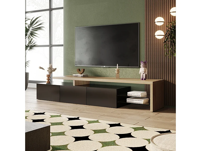 Meuble TV 200 cm avec LED, 3 Portes et Étagères en Verre, Moderne Meuble Banc Tele Bas, Bois & Noir