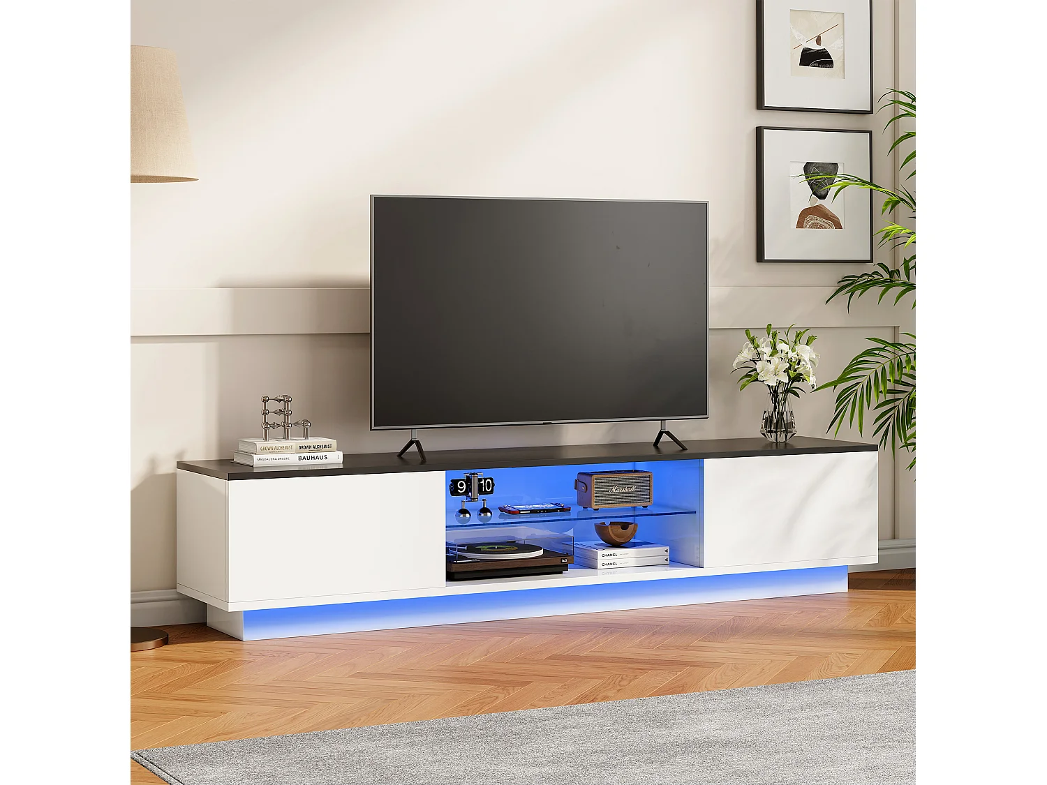 Suporte para TV com portas e iluminação LED de 16 cores, suporte para TV em madeira, 150 x 32 x 35 cm, branco e preto.