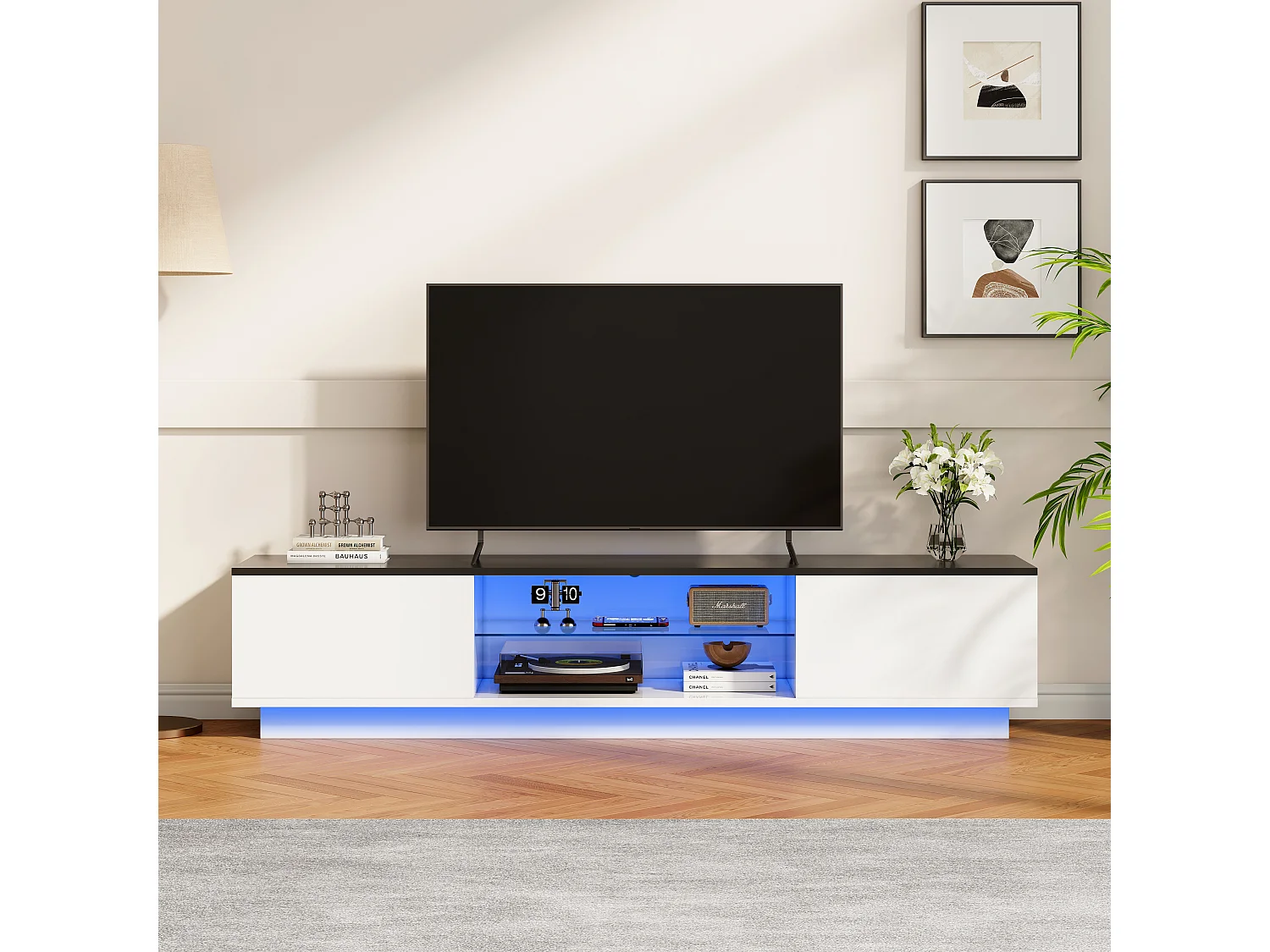 Suporte para TV com portas e iluminação LED de 16 cores, suporte para TV em madeira, 150 x 32 x 35 cm, branco e preto.