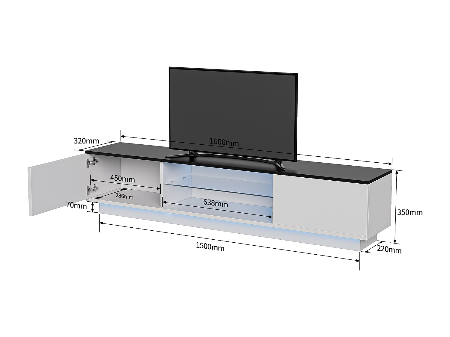 Suporte para TV com portas e iluminação LED de 16 cores, suporte para TV em madeira, 150 x 32 x 35 cm, branco e preto.