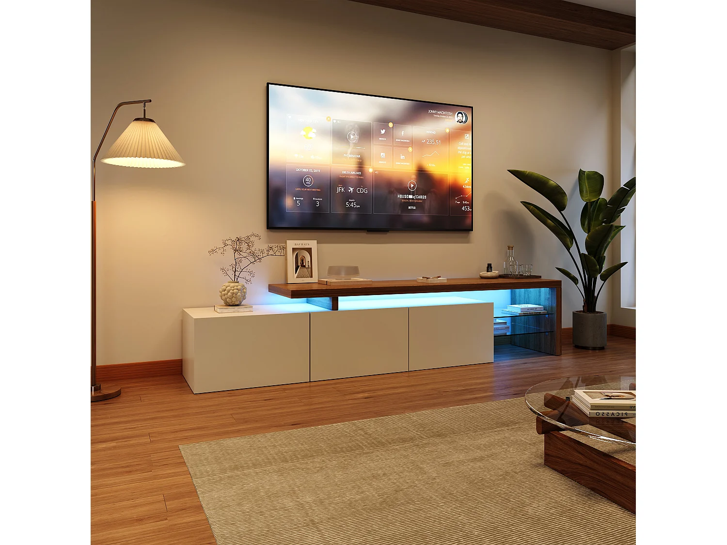 Meuble TV 200 cm avec LED, 3 Portes et Étagères en Verre, Moderne Meuble Banc Tele Bas, Bois & Blanc