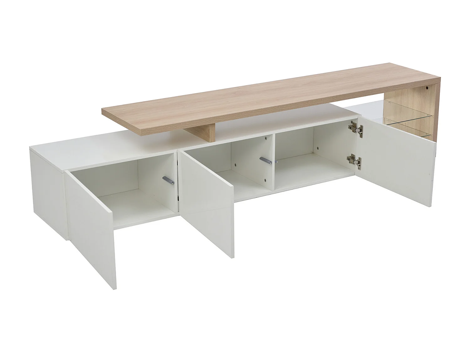 Meuble TV 200 cm avec LED, 3 Portes et Étagères en Verre, Moderne Meuble Banc Tele Bas, Bois & Blanc