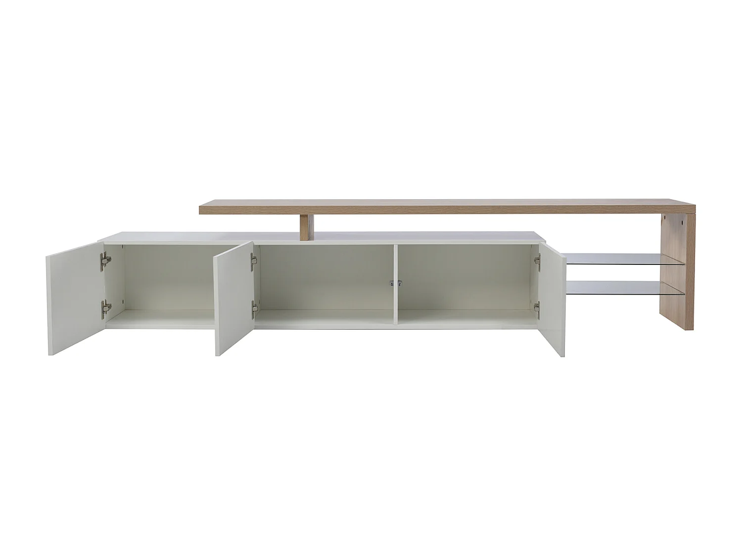 TV-meubel 200cm met LED-verlichting, 3 deuren en glazen planken, moderne lage TV-bank, hout & wit