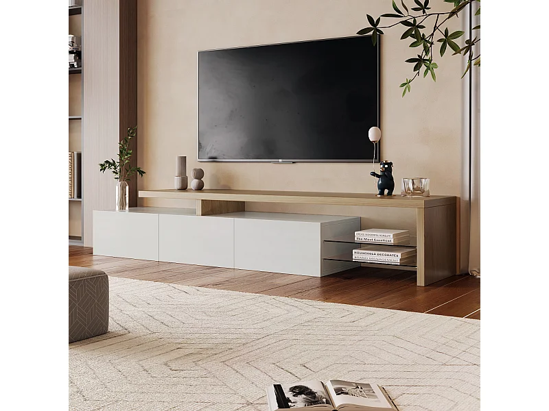 Meuble TV 200 cm avec LED, 3 Portes et Étagères en Verre, Moderne Meuble Banc Tele Bas, Bois & Blanc