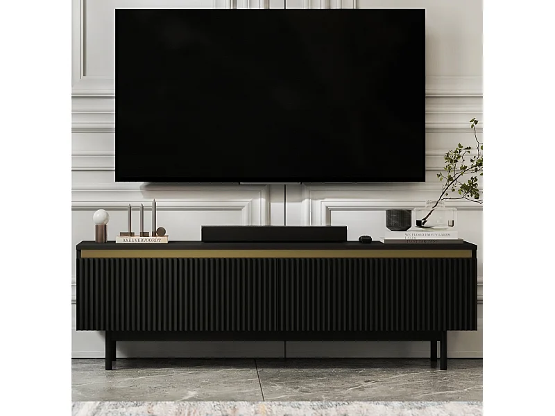 Meuble TV avec 2 portes - Corps Noir mat, façades rainurées Noir mat - Cadre en métal noir, 140 cm