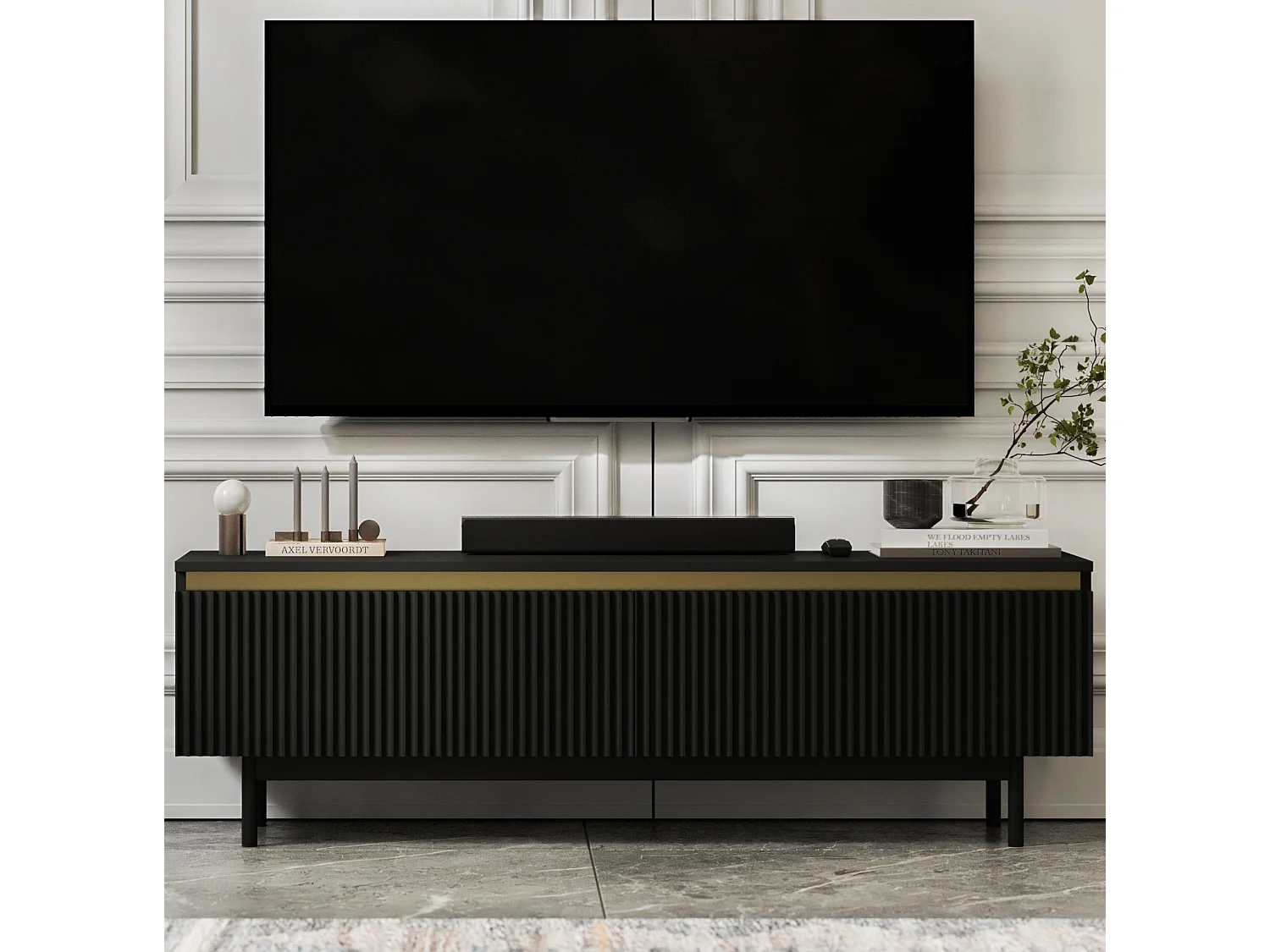 Meuble TV avec 2 portes - Corps Noir mat, façades rainurées Noir mat - Cadre en métal noir, 140 cm