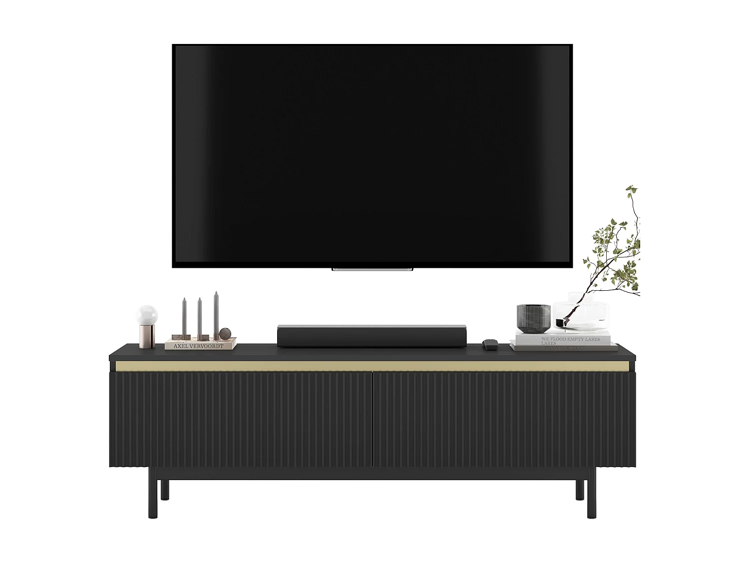 Meuble TV avec 2 portes - Corps Noir mat, façades rainurées Noir mat - Cadre en métal noir, 140 cm