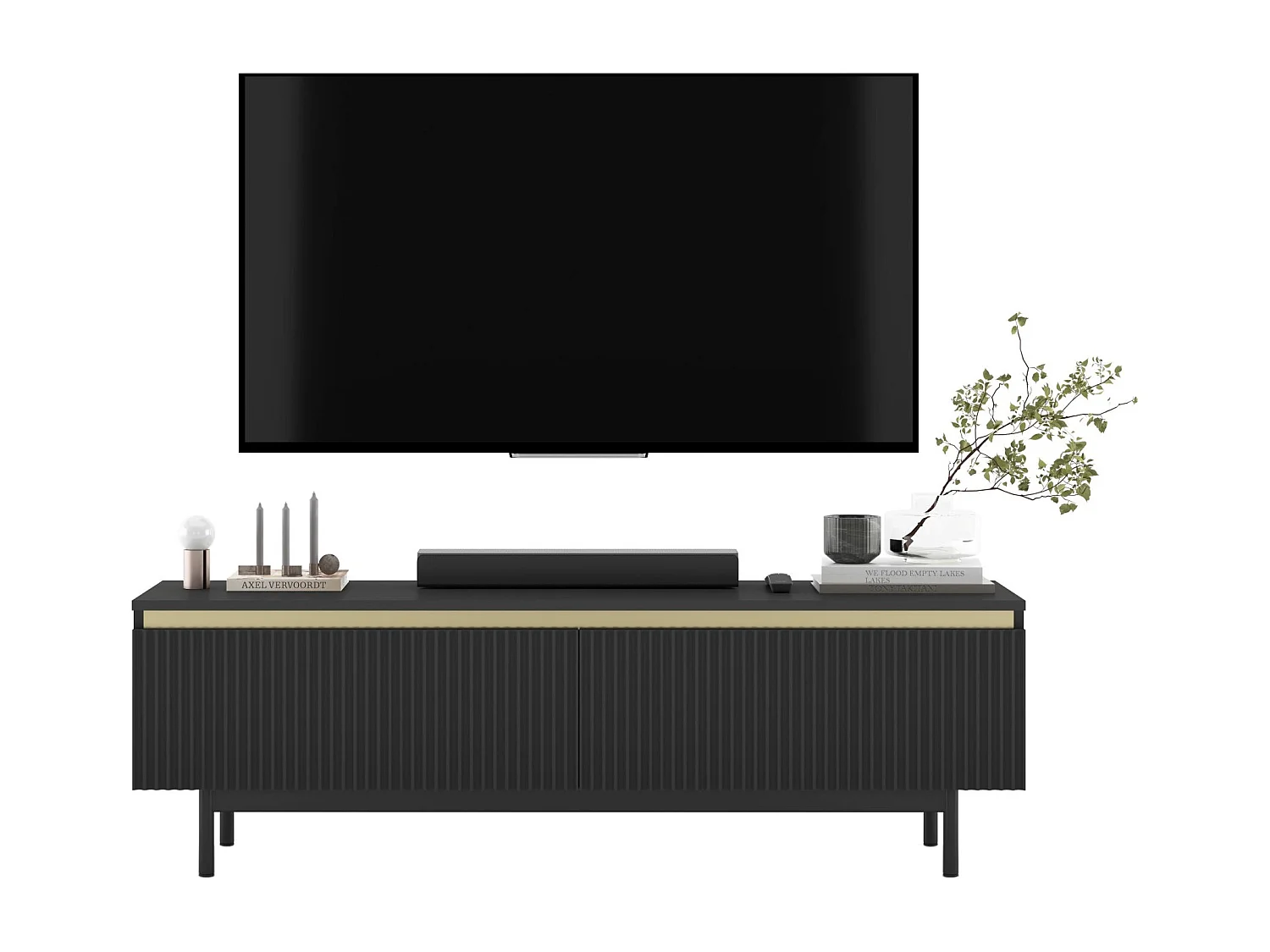 Meuble TV avec 2 portes - Corps Noir mat, façades rainurées Noir mat - Cadre en métal noir, 140 cm