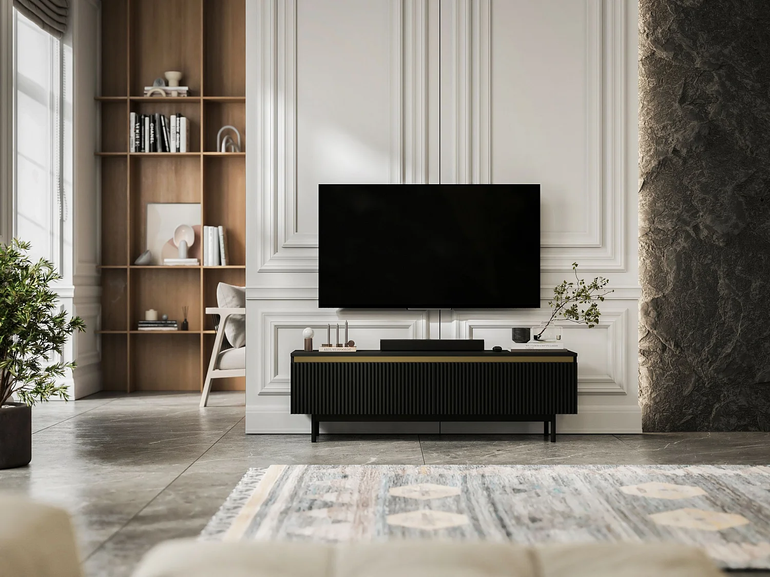 Meuble TV avec 2 portes - Corps Noir mat, façades rainurées Noir mat - Cadre en métal noir, 140 cm