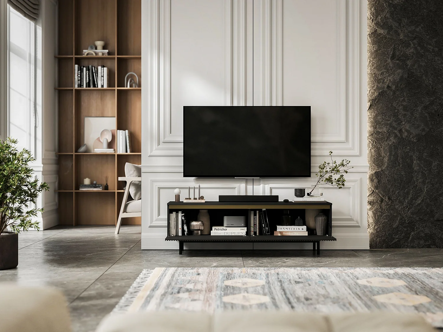 Meuble TV avec 2 portes - Corps Noir mat, façades rainurées Noir mat - Cadre en métal noir, 140 cm