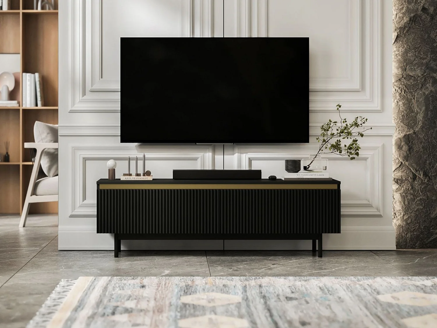 Meuble TV avec 2 portes - Corps Noir mat, façades rainurées Noir mat - Cadre en métal noir, 140 cm
