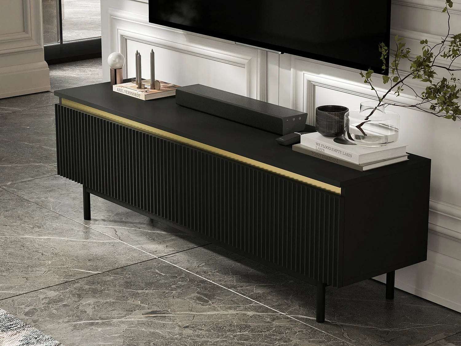 Meuble TV avec 2 portes - Corps Noir mat, façades rainurées Noir mat - Cadre en métal noir, 140 cm