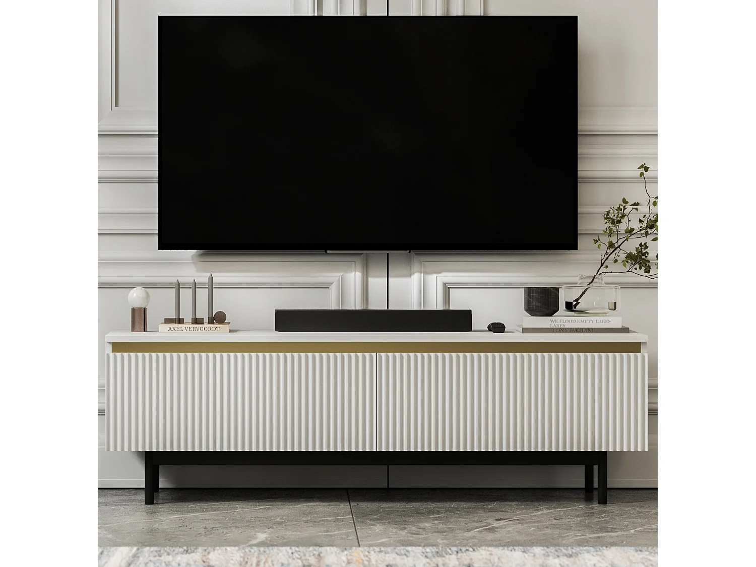 Meuble TV avec 2 portes - Corps Blanc mat, façades rainurées Blanc mat - Cadre en métal noir, 140 cm