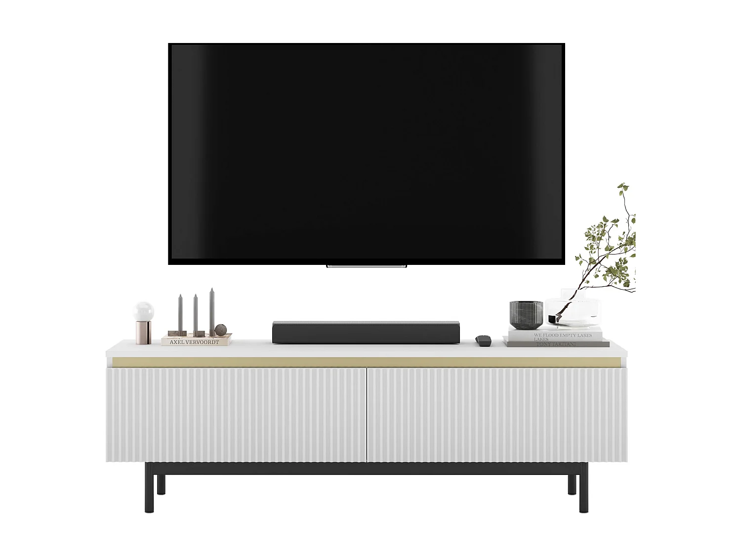 Meuble TV avec 2 portes - Corps Blanc mat, façades rainurées Blanc mat - Cadre en métal noir, 140 cm