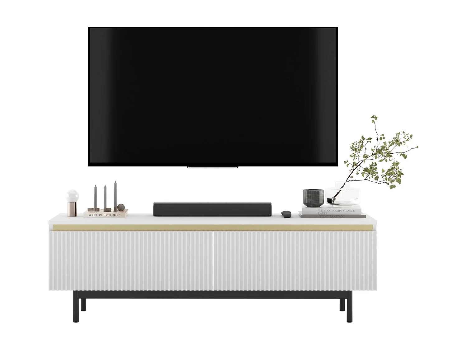 Meuble TV avec 2 portes - Corps Blanc mat, façades rainurées Blanc mat - Cadre en métal noir, 140 cm
