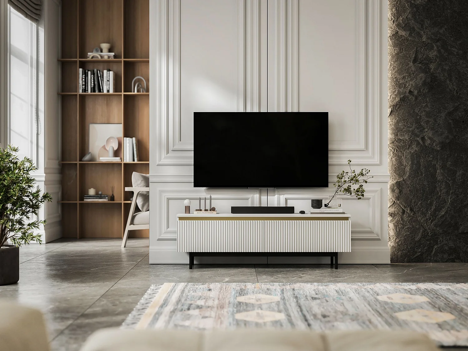 Meuble TV avec 2 portes - Corps Blanc mat, façades rainurées Blanc mat - Cadre en métal noir, 140 cm