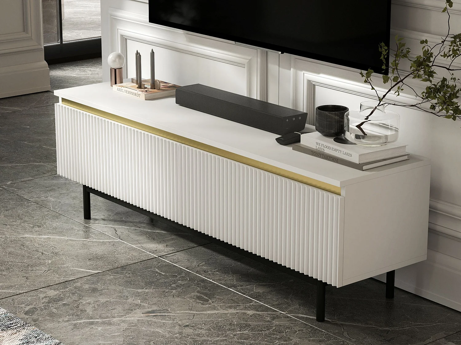 Meuble TV avec 2 portes - Corps Blanc mat, façades rainurées Blanc mat - Cadre en métal noir, 140 cm