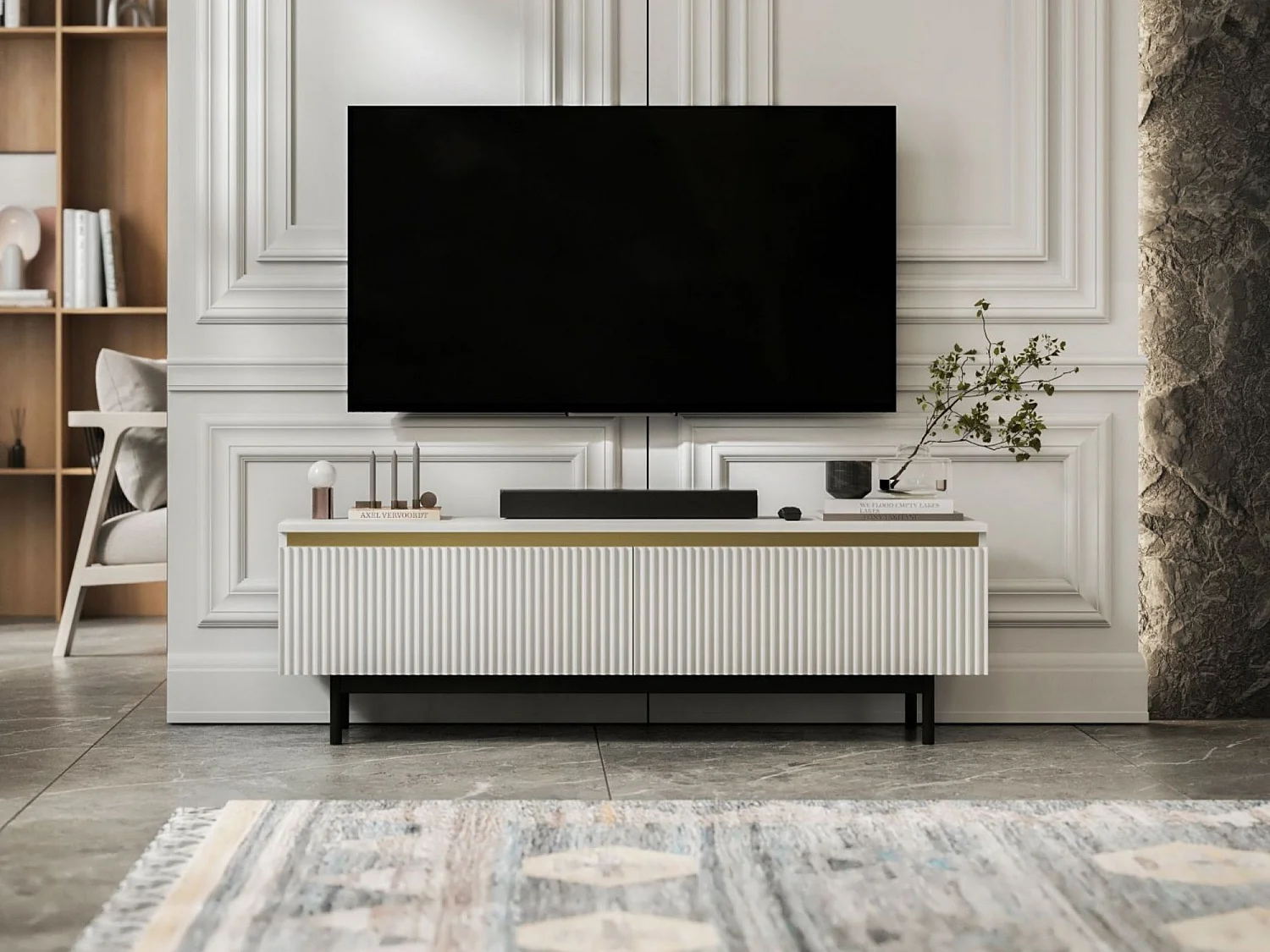 Meuble TV avec 2 portes - Corps Blanc mat, façades rainurées Blanc mat - Cadre en métal noir, 140 cm
