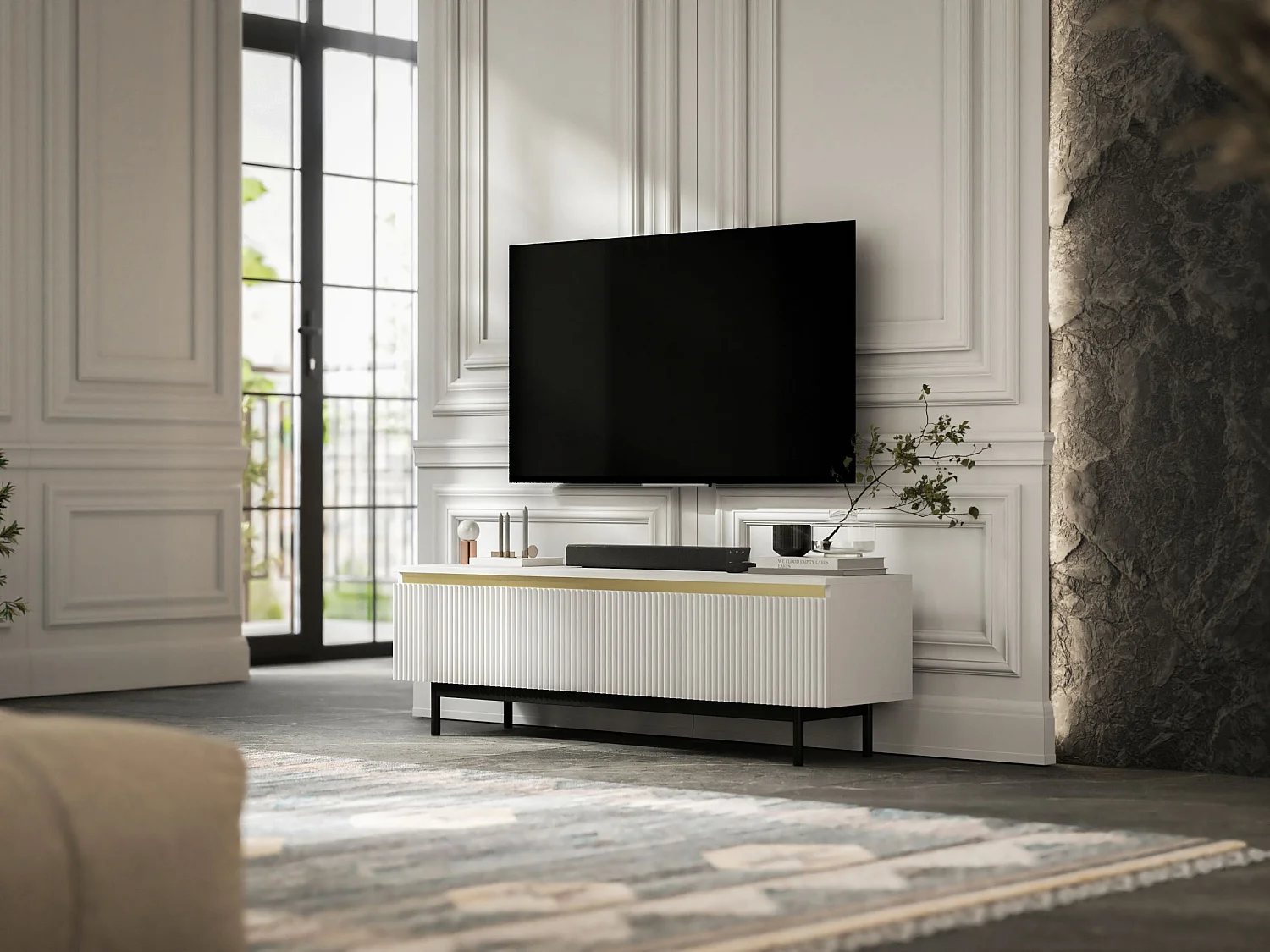 Meuble TV avec 2 portes - Corps Blanc mat, façades rainurées Blanc mat - Cadre en métal noir, 140 cm