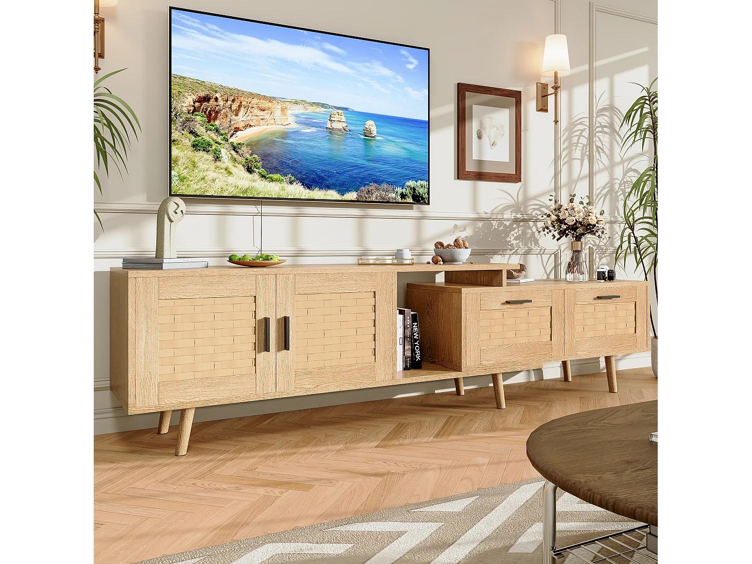 Meuble TV Extensible 146 -180 cm, 2 Tiroirs, 2 Porte, avec Rangement, pour Salon ou Chambre, Bois