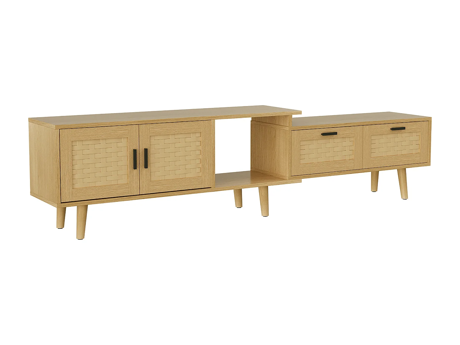 Uitschuifbare tv-standaard 146-180 cm, 2 lades, 2 deuren, met opbergruimte, voor woonkamer of slaapkamer, hout