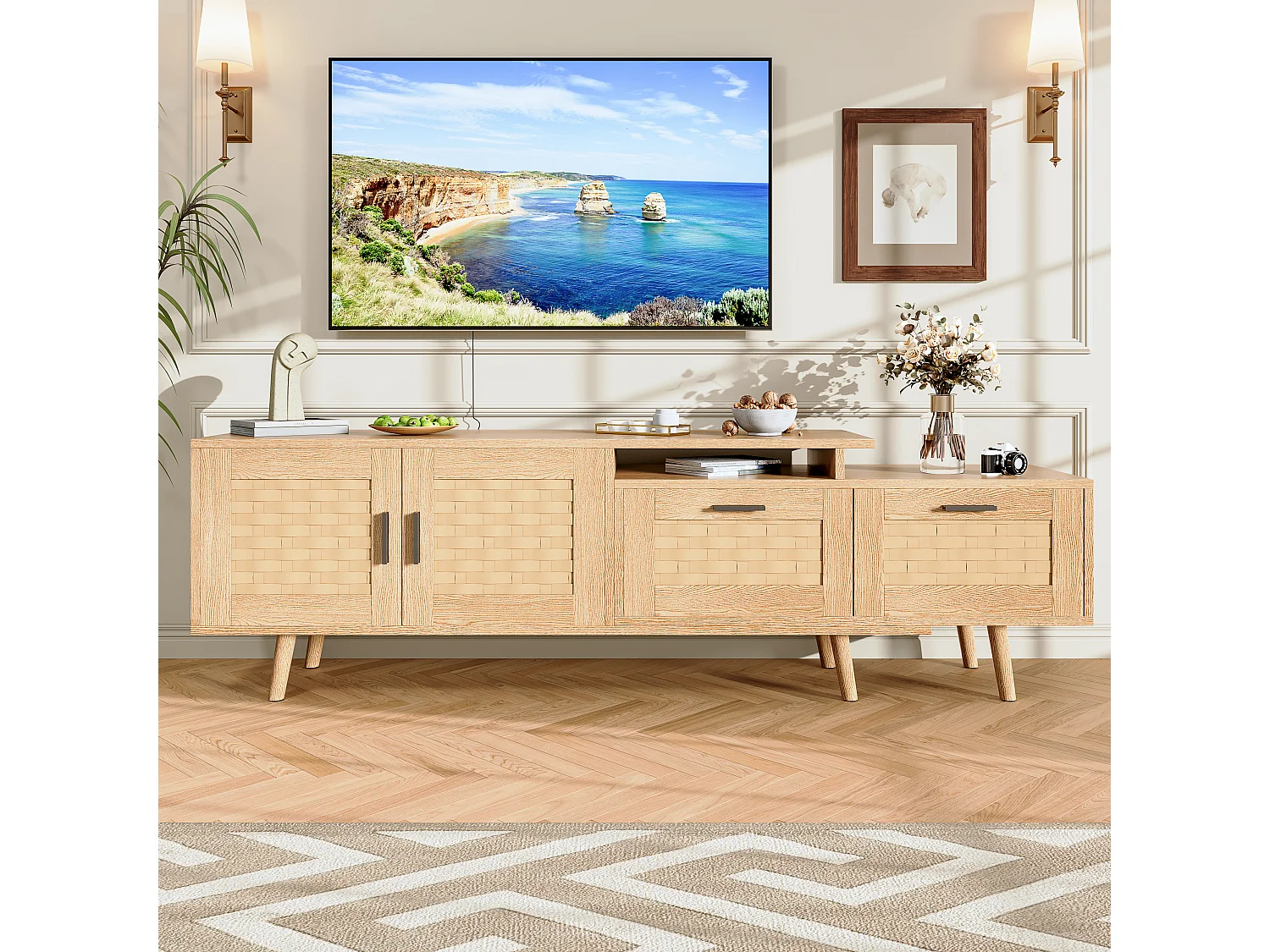 Uitschuifbare tv-standaard 146-180 cm, 2 lades, 2 deuren, met opbergruimte, voor woonkamer of slaapkamer, hout