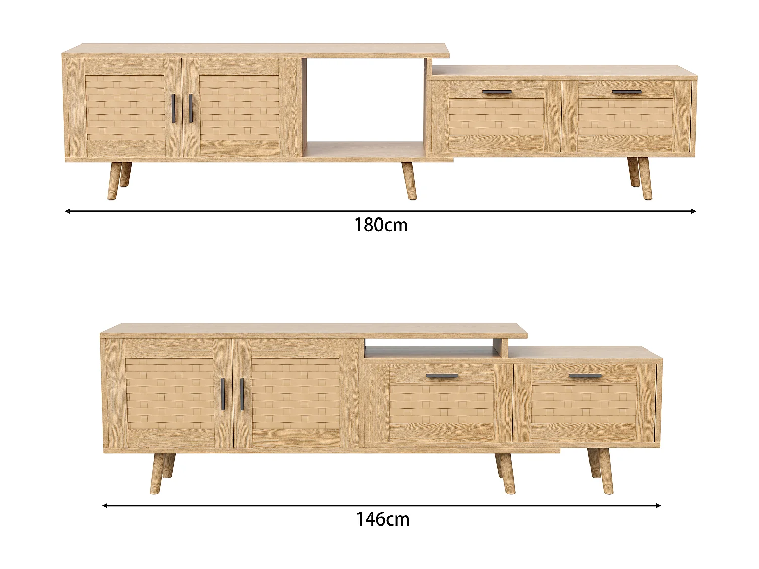 Uitschuifbare tv-standaard 146-180 cm, 2 lades, 2 deuren, met opbergruimte, voor woonkamer of slaapkamer, hout