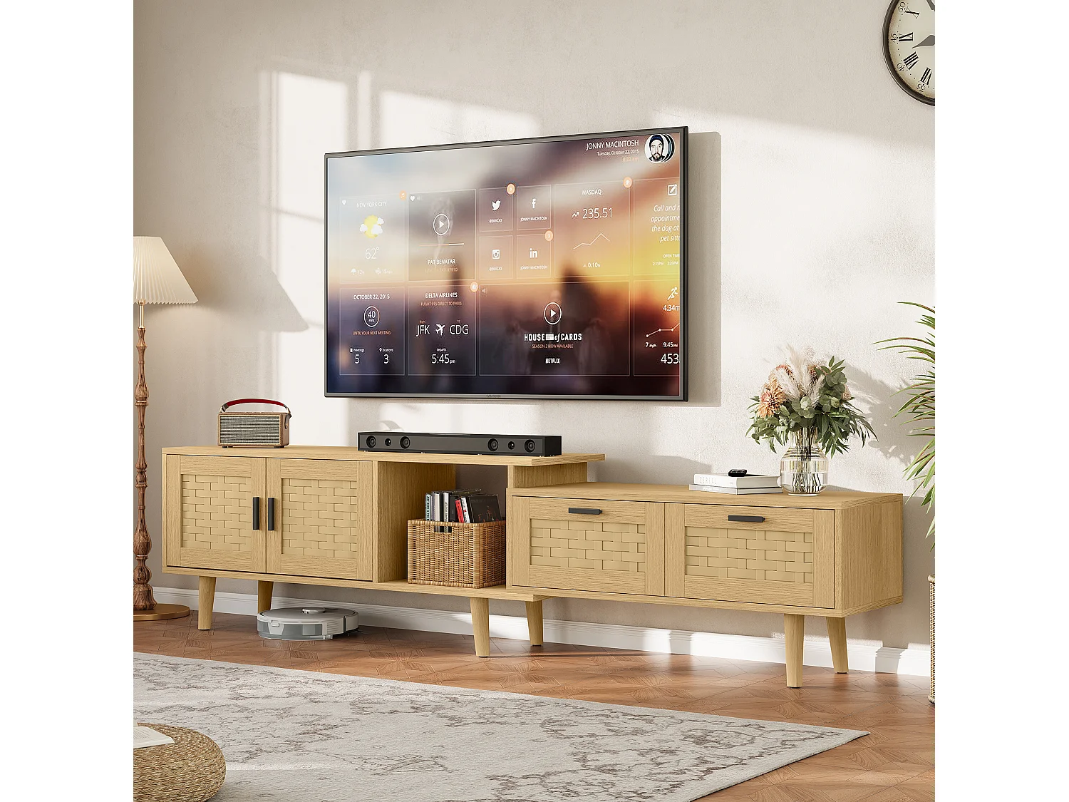 Uitschuifbare tv-standaard 146-180 cm, 2 lades, 2 deuren, met opbergruimte, voor woonkamer of slaapkamer, hout
