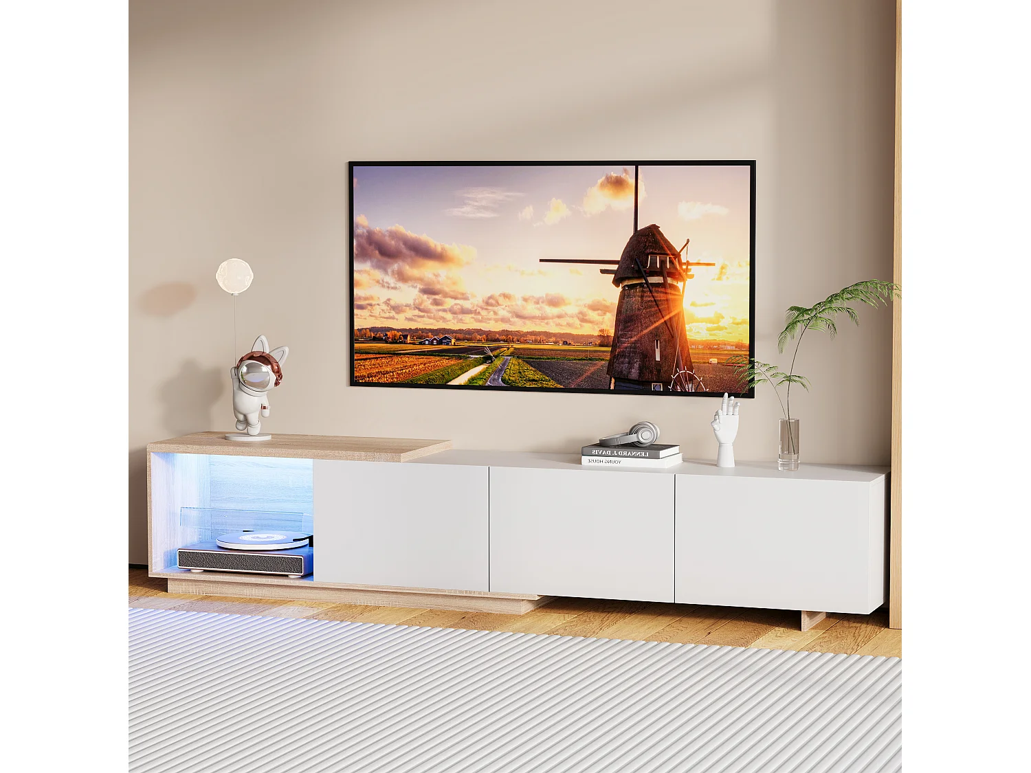 Meuble TV Noir avec LED Intégré, Armoire de Télévision, pour Salon et Chambre, 240 x 38 x 44cm, Blanc