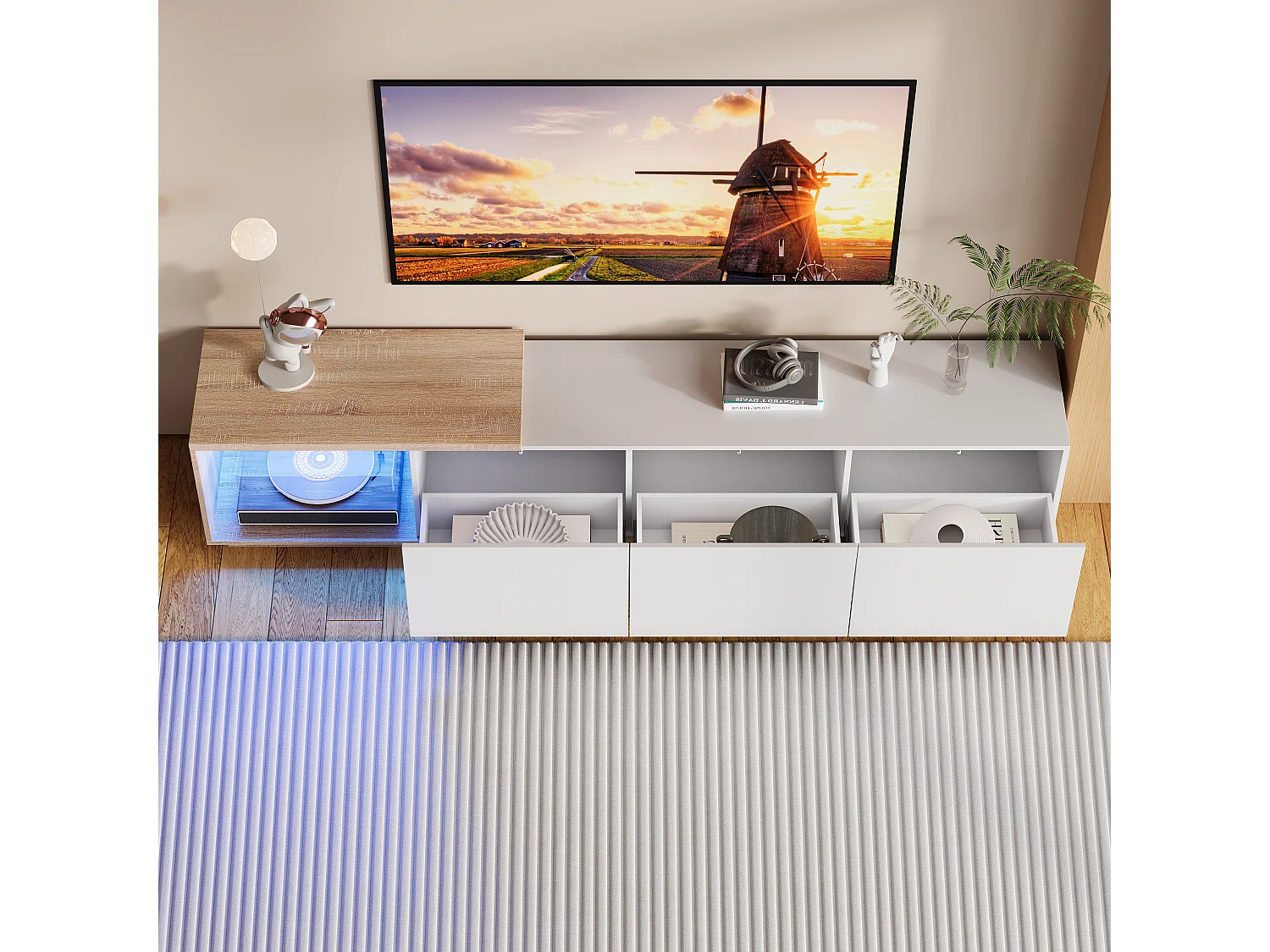 Meuble TV Noir avec LED Intégré, Armoire de Télévision, pour Salon et Chambre, 240 x 38 x 44cm, Blanc